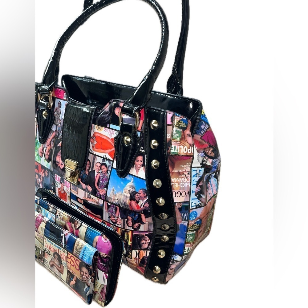 Michelle & Barrack Obama Magazine Studded Patent Leather Tote w/ Matching Wallet - Picture 3 of 10